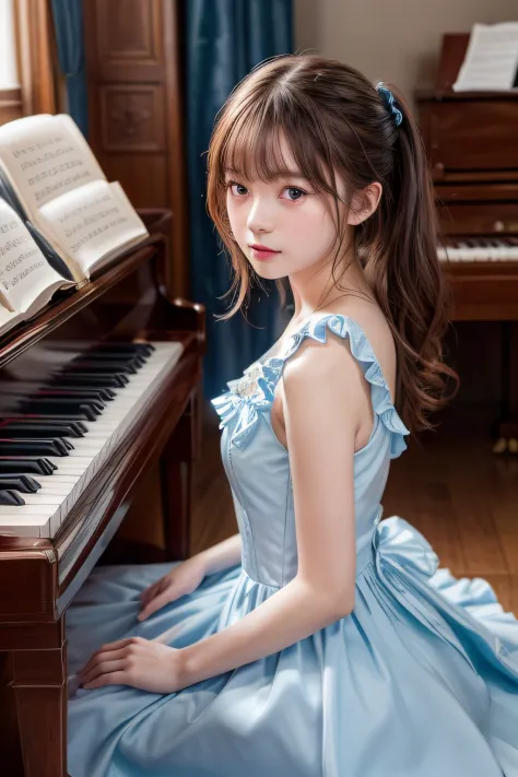 ((Top image quality、8K、​masterpiece：1.3))、Realistic high-quality photos、top-quality、a five years girl、Blue Dress、Dresses with fr...