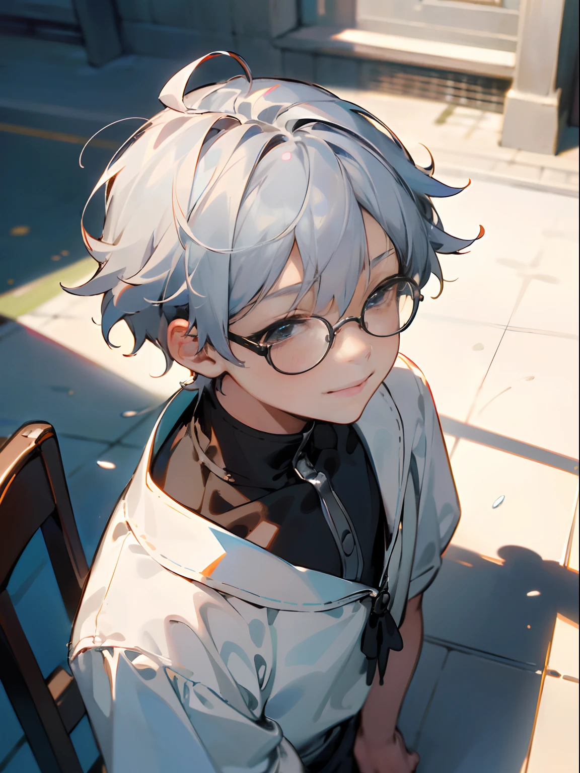 (Male child, eye glasses,A smile, silber hair，look up to),(((​masterpiece)))、(((top-quality)))、((ultra-definition))、(High Definition CG Illustration)、((extremely delicate and beautiful)),Street，Will，Sateen