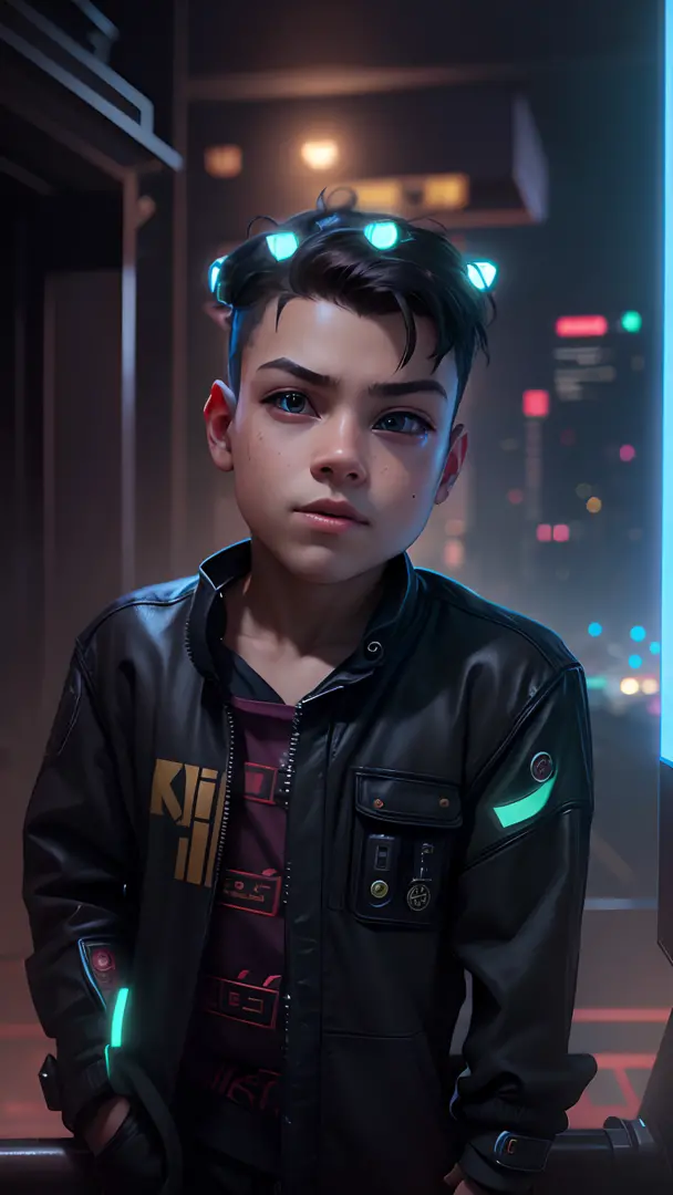 Cyberpunk little boy high quality futuristic background realistic face 8k ultra