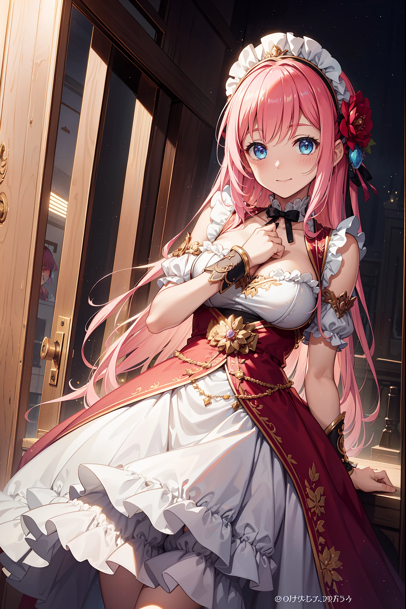 (Best quality, A high resolution, Textured skin, High quality, High details,Extremely detailed CG unity),teens girl，Enchanted，Divine happiness，Being in love，(Light Victorian dress:1.1)，Pink hair，eBlue eyes，(Fabric headdresaximalism，Delicate ruffles，detailed lace，Multi-colored cloth，Delicate embroidery，Delicate pattern，Fabric headdress，exquisite costumes，see-through transparent clothes，Bedrooms，the night，(Shine:1.1)，(Dazzle:1.1)，Movie lighting，the night，solo person，Fluttering skirt，Maid characteristics，（Seductive pose:1.2)
