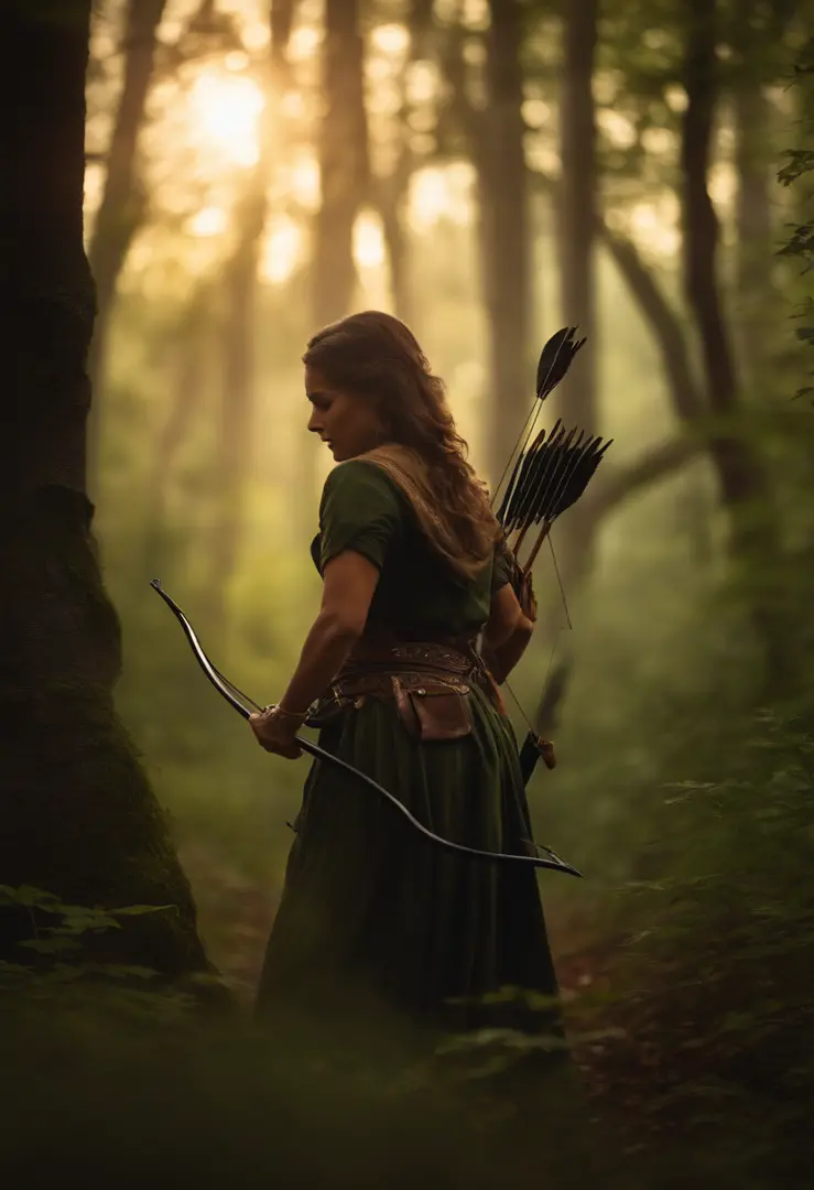 robinhood,forest,mysterious,night scene,hiding in the shadows,beaming moonlight,bow and arrow,archery expert,camouflaged outfit,silent steps,green leaves,thick trees,tree branches,moonlit path,dappled light,birds chirping,tranquil ambience,stealthy movemen...