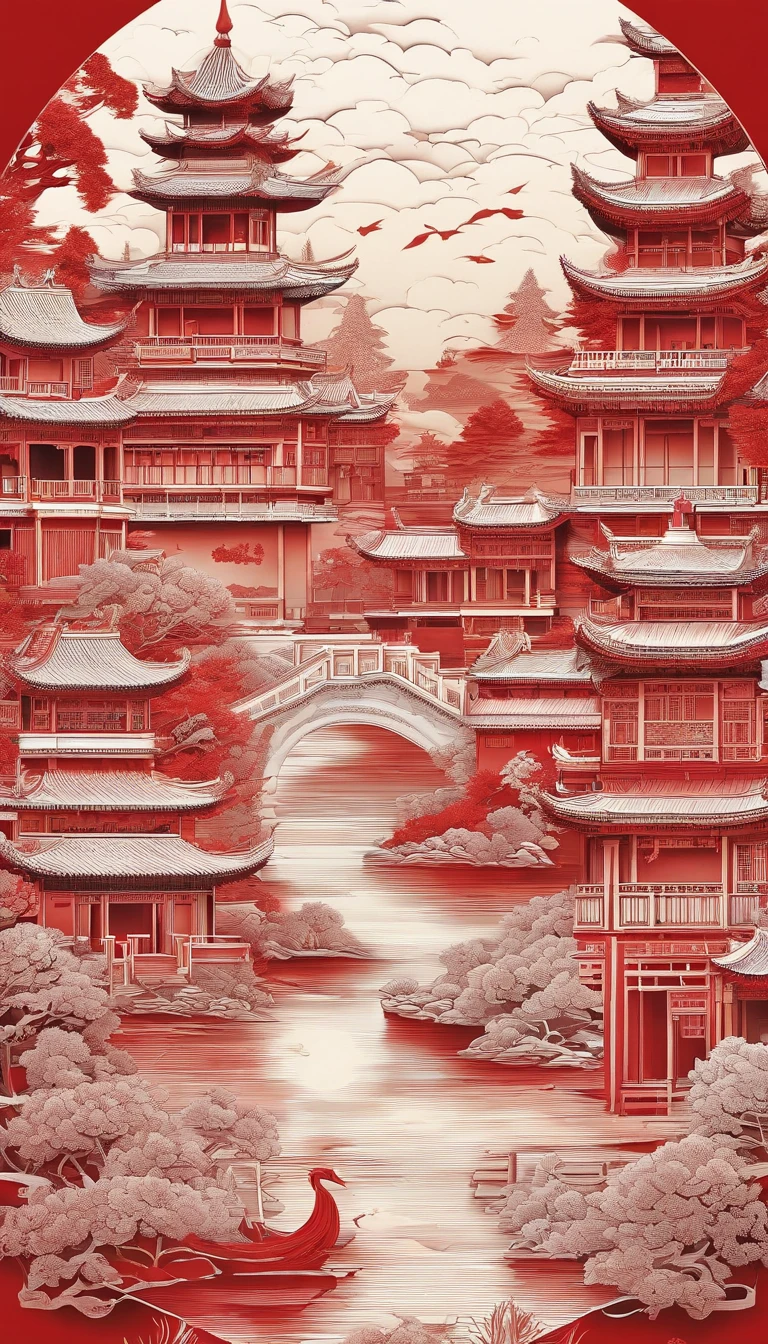 Masterpiece, Traditional Chinese style house，beautiful render of a fairytale, In the style of paper art, painting of beautiful, beautiful as the moon, A very complex masterpiece, Beautiful and intricate red masterpiece, multi-layer, mysterious, Old Summer Palace