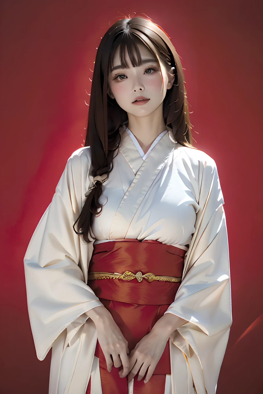 8K、wall-paper、ultra-detailliert、Beautifully Aesthetic、​masterpiece、top-quality、parfect anatomy、One girl、14years、Beautiful black hair、(((Straight long hair:1.3)))、japanes、large pink、(((Pure white kimono)))、ighly detailed、Dynamic angles、Cowboy Shots、The most beautiful forms、elegent、Vibrant colors、romantism、Atmosphere、(((Red background、Bright red background)))