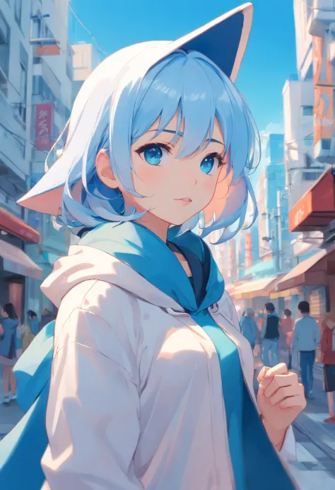 Blue shark hood，White color hair，Double ponytail curls，blue color eyes，White Lolita，Beth，A bustling city street