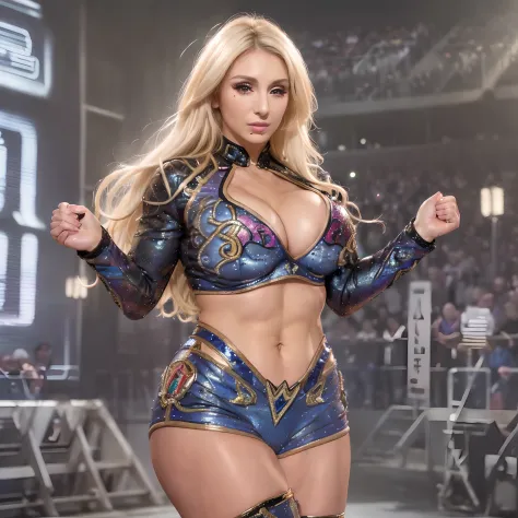 (masterpiece:1.1, Best Quality:1.1, 32K HDR, High resolution), (Charlotte Flair - WWE [LoRA]), WWE female wrestler, Improved cinematic lighting quality, 32K, 1girl in, blonde hair, eye shadow, golden boots, (Quality Improvement:1.1), (Realistic textured sk...