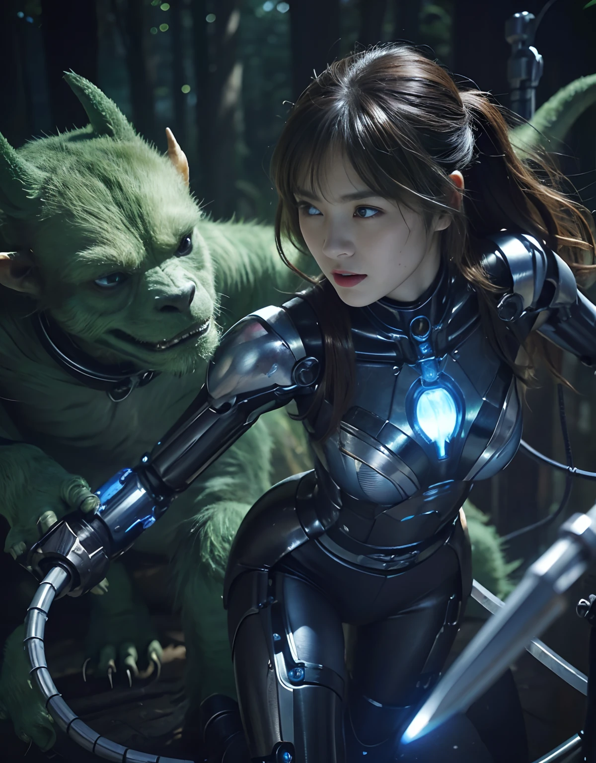 (1 Mechanical Girl)、top-quality、​masterpiece、超A high resolution、(Photorealsitic:1.4)、Raw photo、女の子1人、Fight mutants、glowy skin、(((1 Mechanical Girl)))、With a beautiful knife、（Green Metal Bodysuit）、(Kobold、ogre、Fierce battle with orcs),（Fight fiercely against aliens）、Fight fiercely、(beautiful forest background)、(Fighting Demonic Beasts)、(Small LED)、((super realistic details))、portlate、(Strong giant demon beast background),globalillumination、Shadow、octan render、8K、ultrasharp、Colossal tits、Raw skin is exposed in cleavage、metals、Details of complex ornaments、Japan details、highly intricate detail、Realistic light、(Mystical expression),CGSoation Trends、Blue eyes、radiant eyes、Facing the camera、neon details、(Mechanical limbs)、(blood vessels connected to tubes)、Mechanical vertebrae attached to the back、mechanical cervical attaching to neck、(Wires and cables connecting to the head)、Gundam、Small LED、,Mechanical thighs、Toostock、（Hands are also made of machines）、（Attack of the Monster Beasts）、（Wounded in a deadly battle）、