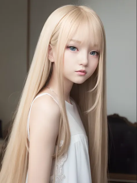 The most beautiful faces in the world、Very beautiful super long silky golden shiny blonde hair、Shiny silky straight hair、Super long bangs swaying in front of your eyes、Sexy 17 year old cute girl、pale light blue eyes、Pure white beautiful skin、glowy skin、pon...