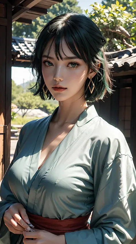 fubuki, 1girl, solo, green eyes, green hair, looking at viewer, hair in a bun, beautiful, beautiful woman, perfect body, perfect...