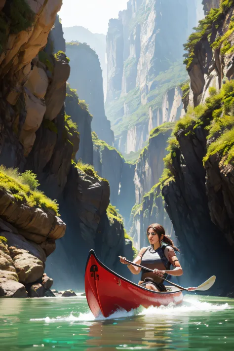 Lara Croft canoeing through a valley, two paddles
