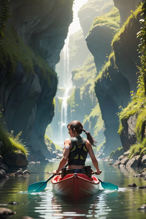 Lara Croft canoeing through a valley