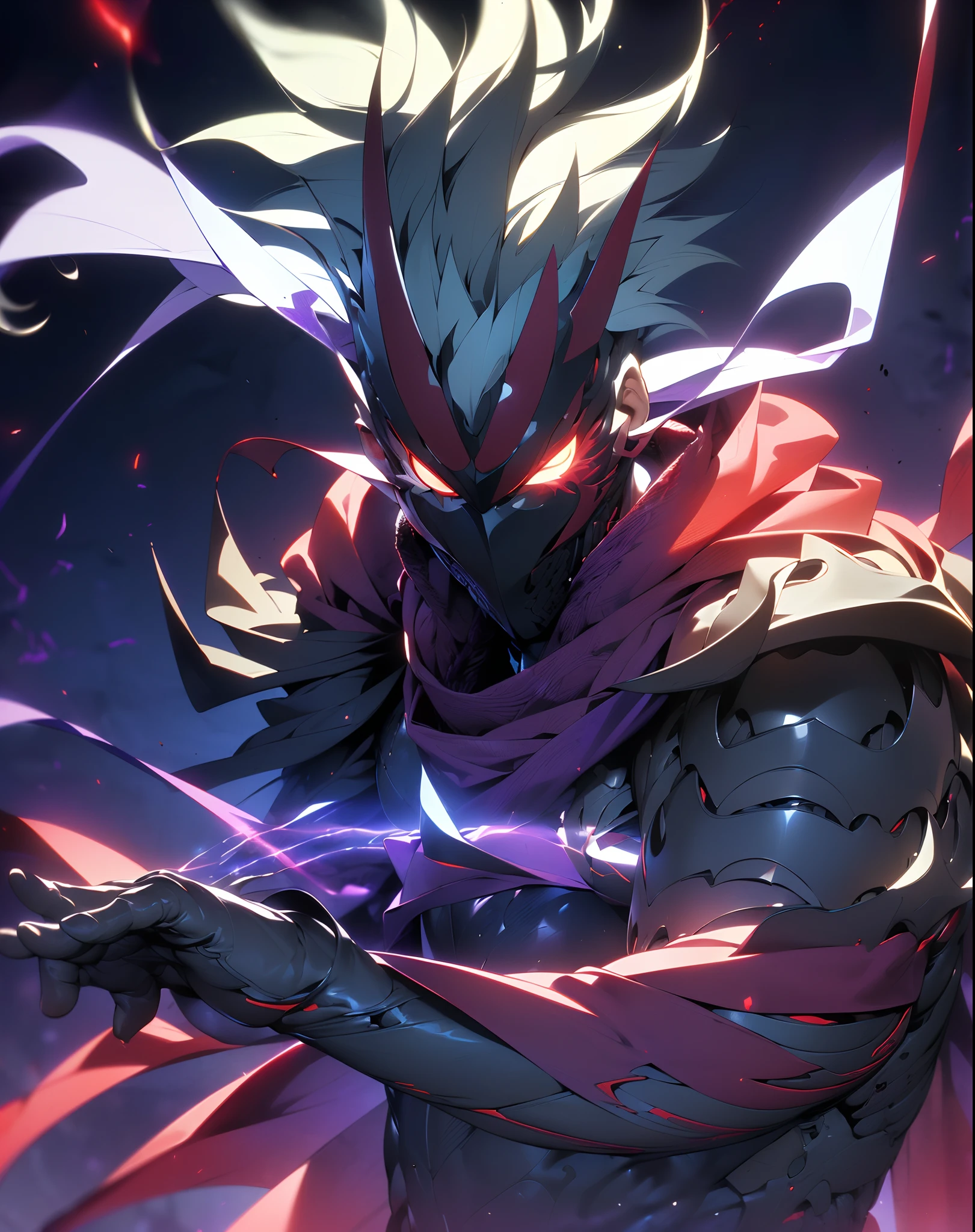 Super Realistic, Hyper Realistic, Super Detailed, (cybersamurai, 1boy, ((solo)), attacking with purple sword, wearing blue-red armor and mask, cape, glowing beautiful red eyes, glow:1.3) (glowing simple black background:1.25),
