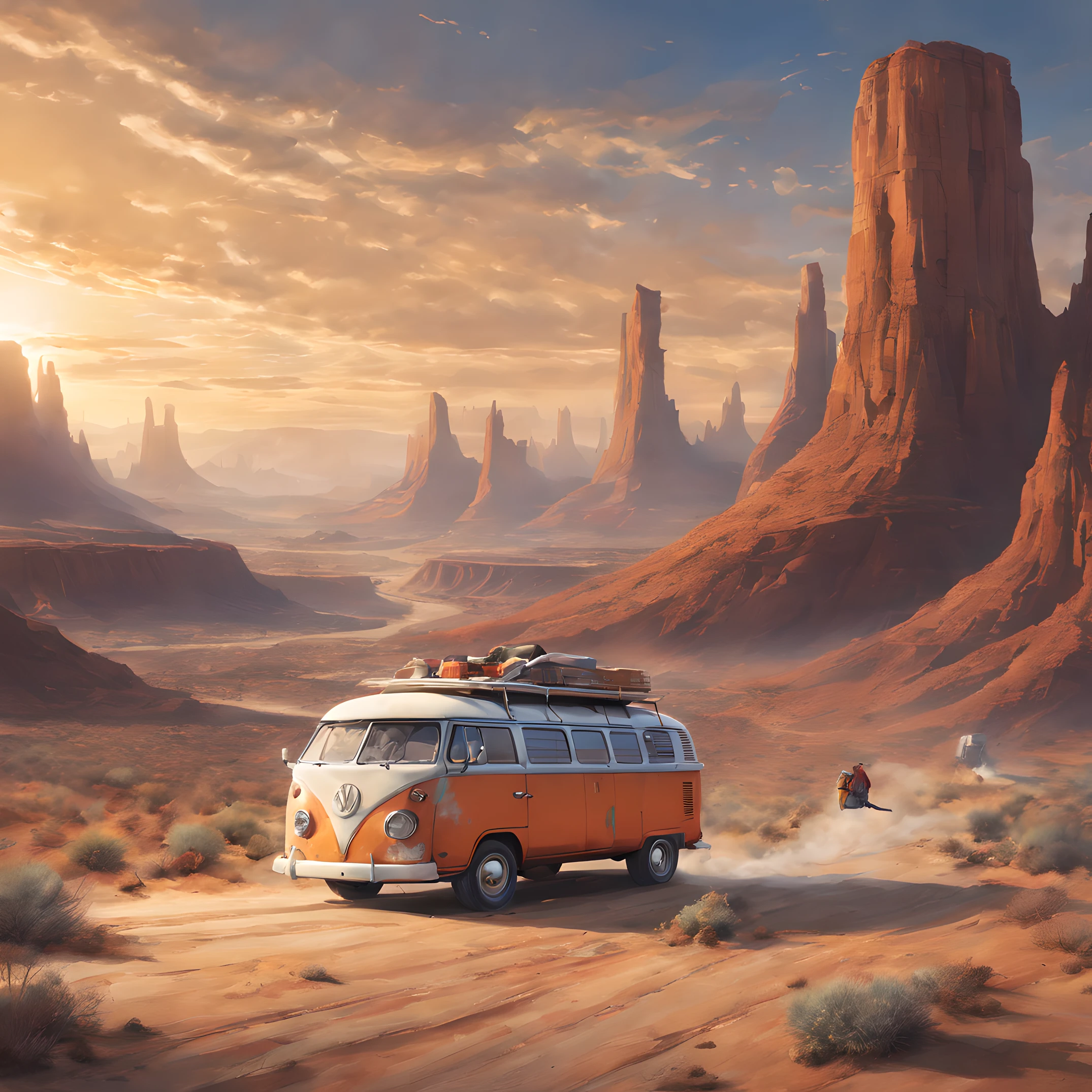 Composition: "Camper van blowing up the desert of central US in the background、Depict a scene fleeing an alien invasion。Desert expanses and、Construction of a composition that emphasizes speedy driving of campers。"

figura: "Inside the camper、American Haven on the East Coast々There are。They are looking out the window.、When the light and smoke of a spaceship hits the desert sky、I get freaked out and nervous。"

Background with: "Behind the scenes、There is a desert area in the central United States.、Among them, Campervan is running at high speed。Spaceship light and smoke cover the sky、A tense desert landscape is depicted as a background.。"