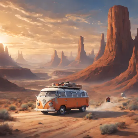 Composition: "Camper van blowing up the desert of central US in the background、Depict a scene fleeing an alien invasion。Desert e...