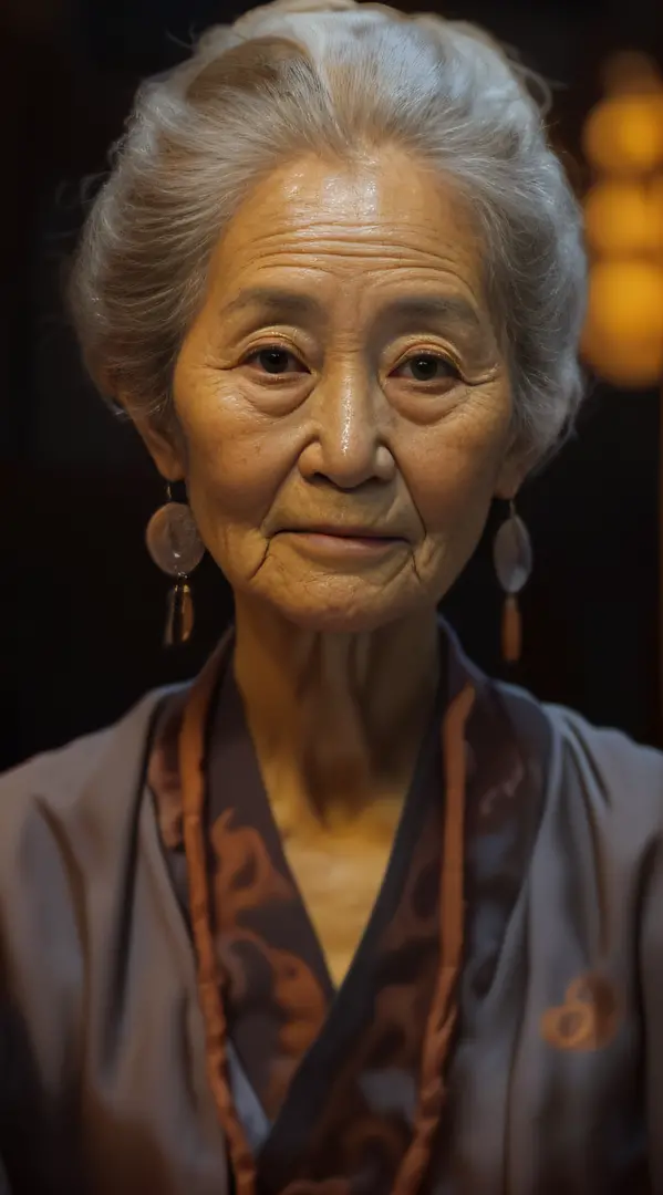 An old grandmother，Wearing a monk's robe，Face to the camera，With a kind face