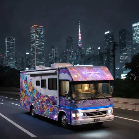 composition: "With the night view of the Metropolitan Expressway in the background、Depict a flamboyantly decorated motor home driving down a highway。Metropolitan highway lights and skyscraper lights illuminate the road、Build a composition that highlights t...