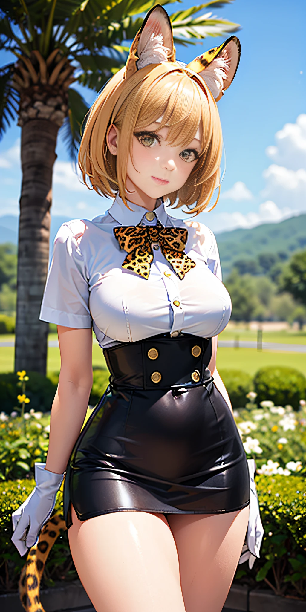 cowboy shot, beautiful eyes, Masterpiece, Best quality, realistic photo, solo1girl, serval, blonde hair, Cat ears, Cat tail, ((leopard spots on:W Arms, White gloves, White shirt. (50% cowboy yellow high waist miniskirt))), High Resolutions, Kemono friends, large firm and round breasts, looking at viewer, orange eyes, tail, high yellow thighs