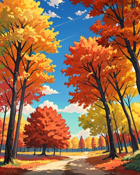 autumn forest with colorful trees, morning, sky full clouds, camping, atmosphere, (wallpaper unified 8k), hd quality, detailed.