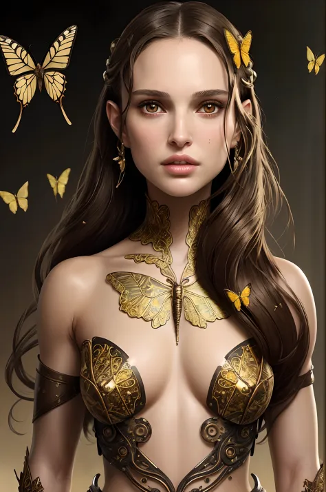 8k portrait of beautiful cyborg girl,natalie portman with brown hair, intricate, elegant, highly detailed, majestic, digital photography, art by artgerm and ruan jia and greg rutkowski surreal painting gold butterfly filigree, broken glass, (masterpiece, s...