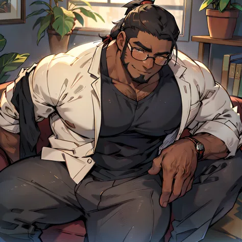 mature adult Black man, dark skin, chubby, causal clothes, glasses, big pecs, corded hair in a ponytail, short beard, loving smile, gentle expression, indoors, sitting down on a couch, side shot, perfect hands, perfect symmetric eyes, detailed eyes, hairy ...