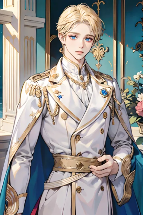 1boy, young male, Perfect male body,Eyes look at the camera, (prince, White royal costume, with short golden hair, Blue eyes, Sad expression),forehead,Ray tracing,Portrait, half body,marbled columns,(tmasterpiece, high resolution, ultra - detailed:1.0)