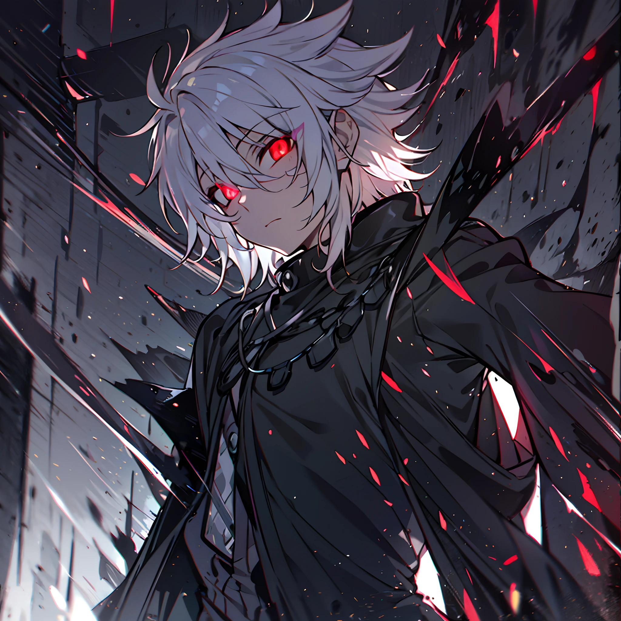 hight resolution,Anime boy with white hair and red eyes staring at camera, Glowing red eyes,slim, dressed in a black outfit,Shadow Body,de pele branca,monochromes,hair messy,Straight face,Diagonal angle