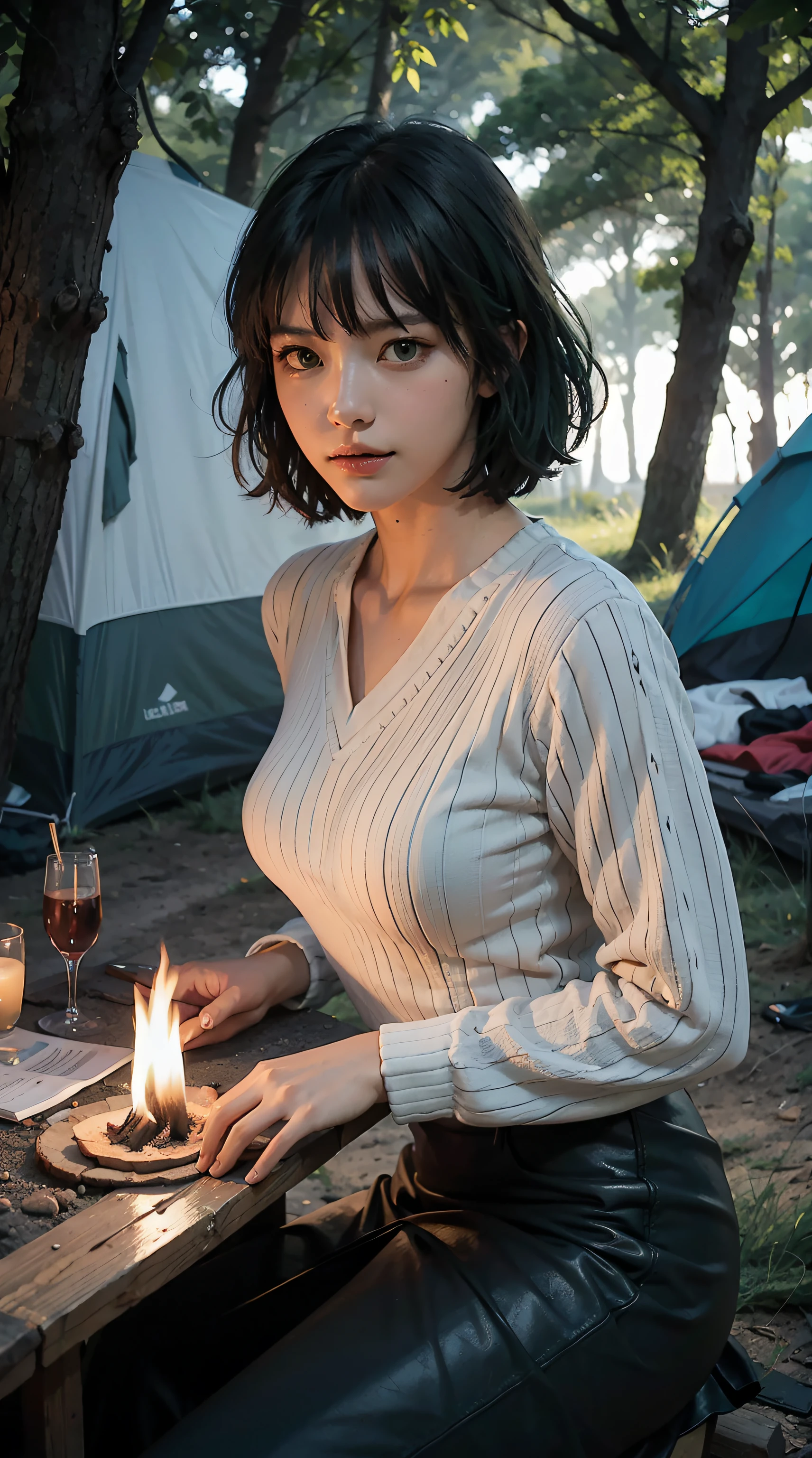fubuki, 1girl, solo, green eyes, green hair, looking at viewer, sitting on a log, beautiful, beautiful woman, perfect body, perfect breasts, wearing a sweater, in the forest, being camping, camping tent, trees, night, evening, campfire, looking at viewer, slight smile, realism, masterpiece, textured leather, super detail, high detail, high quality, best quality, 1080p, 16k