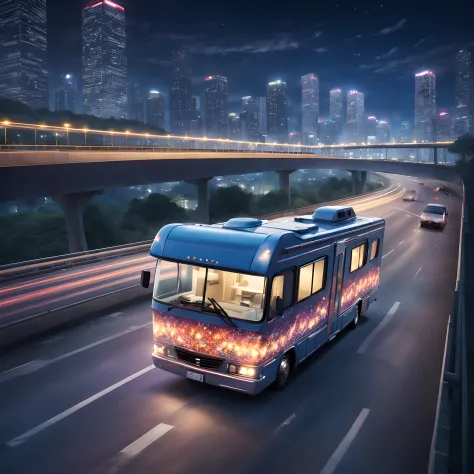composition: "With the night view of the Metropolitan Expressway in the background、Depict a flamboyantly decorated motor home driving down a highway。Metropolitan highway lights and skyscraper lights illuminate the road、Build a composition that highlights t...