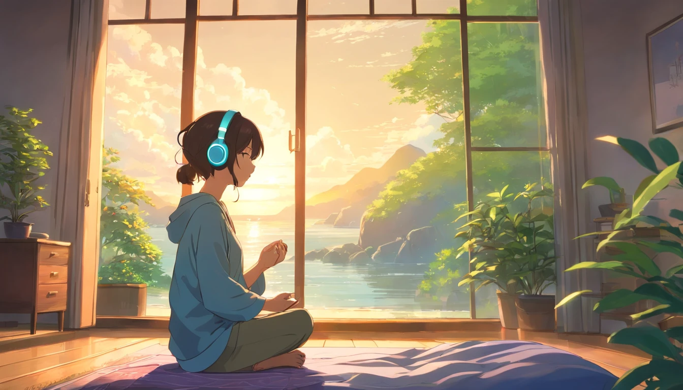 Anime girl sitting on a bed with headphones on and looking out a window -  SeaArt AI