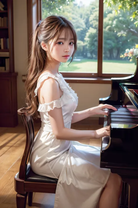 ((Top image quality、8K、​masterpiece：1.3))、Realistic high-quality photos、top-quality、a five years girl、piano、mystical