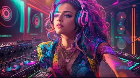 Upper body,  Female DJ, Colorful clothes , Quirky, Vibrant appearance,  Playful accessories, Creative behavior, Imaginative, Sensual, Spontaneous, DJ headphones, Mixing Console, Music Clubs, night club, Independent cinema, People dancing on dance floor bac...