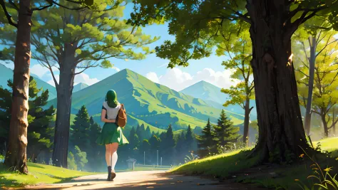 the sun, big trees, bright sun, under the shade of emerald green, stands a beautiful girl, slim girl, mountain view,