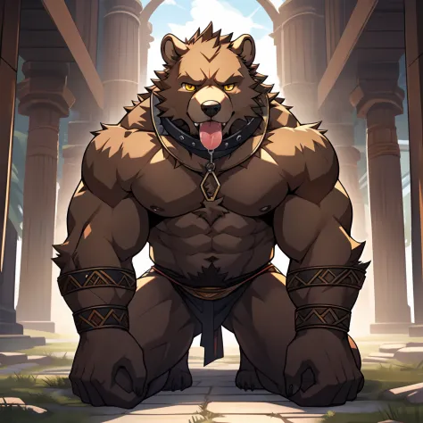 Bear orcs, Brown fur，Yellow eyes，male，Tall,Shy, estrus，Kneel on the ground like a pet dog，nakeness，Stick out her tongue，Godless eyes，Saliva comes out of the mouth，chest muscle，Abs，A collar is worn around his neck，amnesia