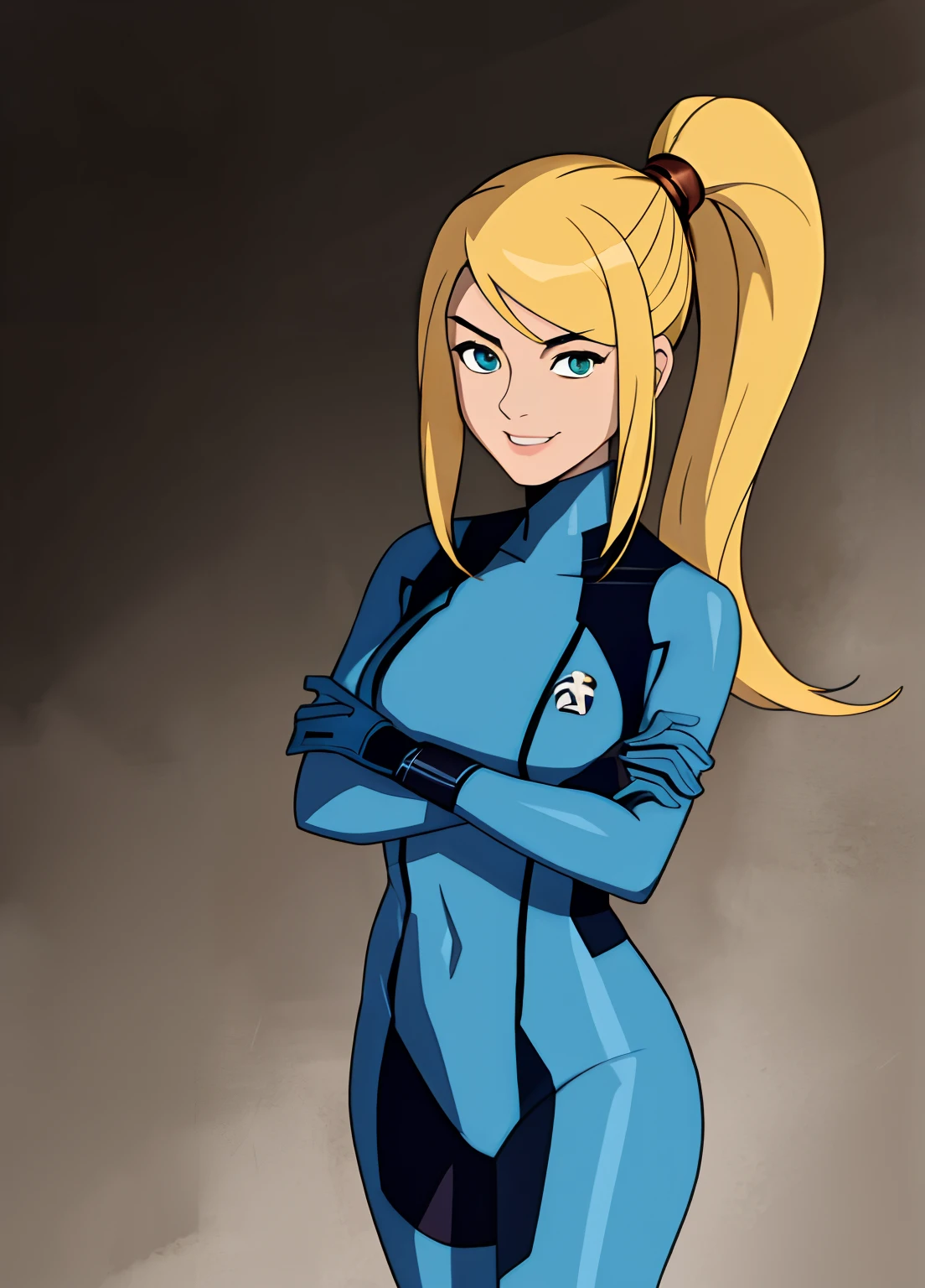 A cartoon of a woman in a blue suit with a ponytail - SeaArt AI