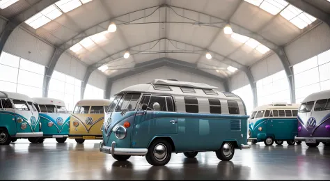 Volkswagen Kombi World Show, general view in a huge hangar filled with My RV (Motor home) (different colors, different shapes, (general view)), in the center a kombi blooms (16k, better quality, Hdr, better resolution: 1.4, RAW photography) (centerpiece: 1...