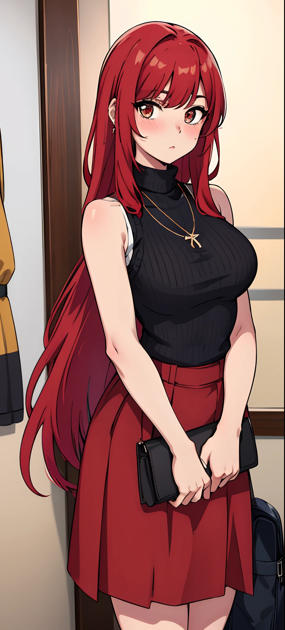 Masterpiece, Best quality, Pisif, Cowboy shot, Red hair,
1girll, Breasts, Blush, Sleeveless,jewelry, view the viewer, Skirt, necklace, 独奏, bag, Sweater, Turtleneck, sleeveless turtleneck, Jacket, Sleeveless sweater, Long skirt, Medium hair, 手拿手提包