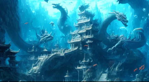a close up of a painting of a dragon and a castle, undersea temple, highly detailed fantasy art, cyan chinese dragon fantasy, ch...