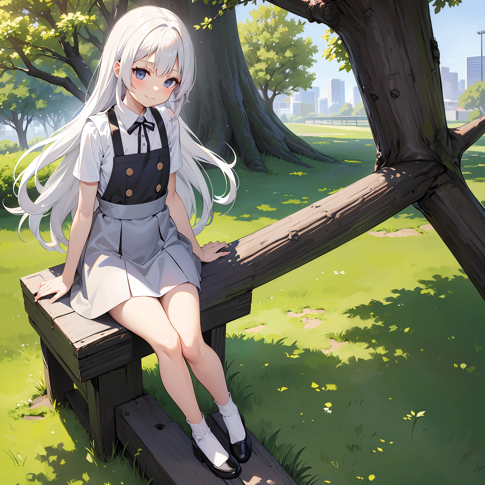 Chica anime con un delantal escolar corto y negro., pelo blanco claro y desgreñado en mechones, linda sonrisa, calcetines tobilleros blancos, Cuerpo delgado, parque de la ciudad, día, parque de juegos. (((pequeño cofre))), ((pequeño , pequeño and flat chest)), sentado en la rama de un gran árbol.