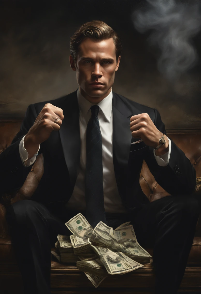 ANDREW TATE   fighting against money, oil painting, harsh brushstrokes, dramatic lighting, intense expression, determined eyes, clenched fists, sweat dripping down his face, wrinkled suit, broken chains, crumbling dollar bills, crumbling stock market graph, smoke rising in the background, black and white with a touch of gold, realism. (best quality, highres, ultra-detailed), (realistic:1.37), professional, vivid colors.