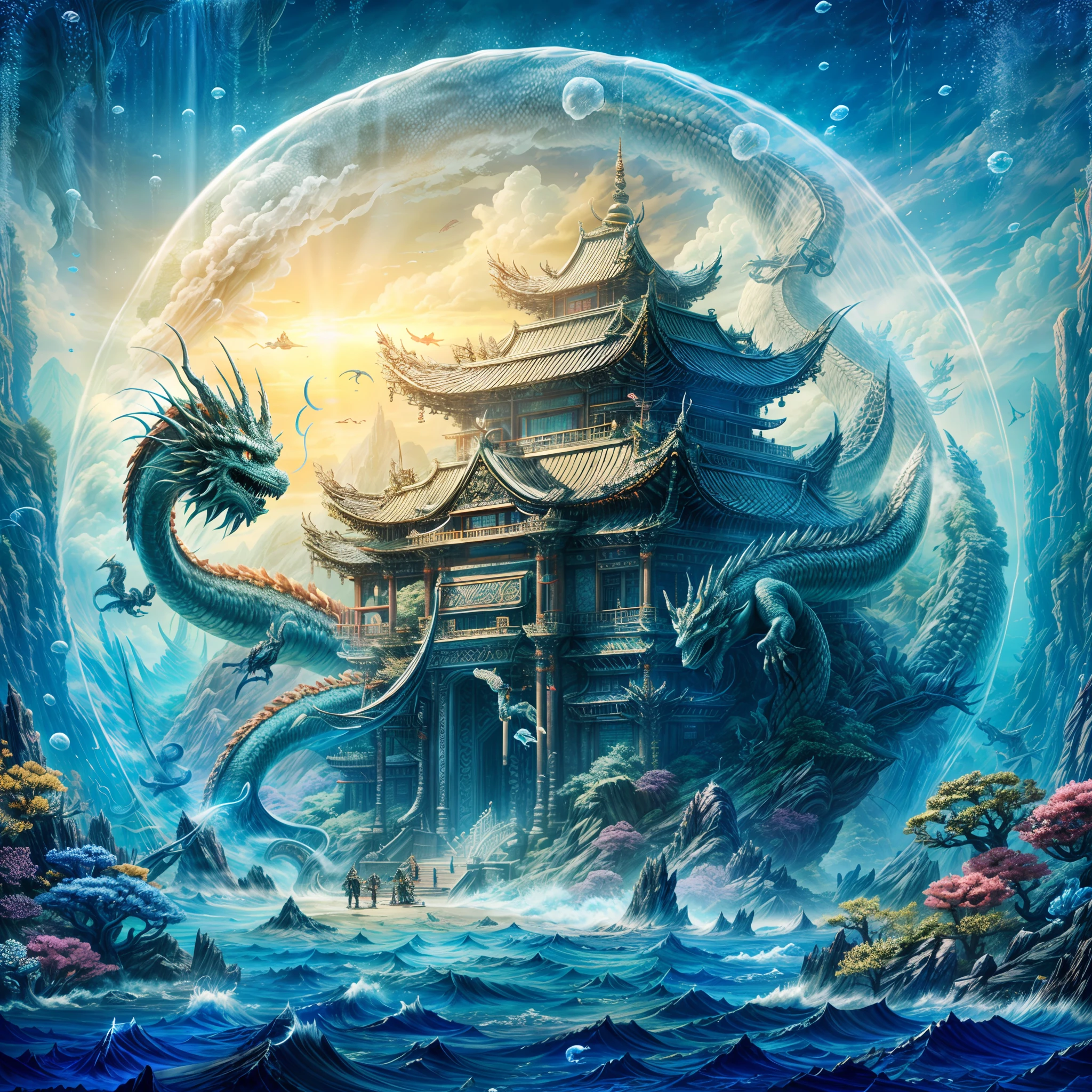 a painting of a dragon and a dragon in front of a building, undersea temple, chinese fantasy, underwater temple, undersea temple with fish, cyan chinese dragon fantasy, jellyfish temple, detailed fantasy digital art, water temple, cyberpunk chinese ancient castle, studio ghibli and dan mumford, 4k highly detailed digital art, highly detailed fantasy art, dan mumford. maya render，depths-fc