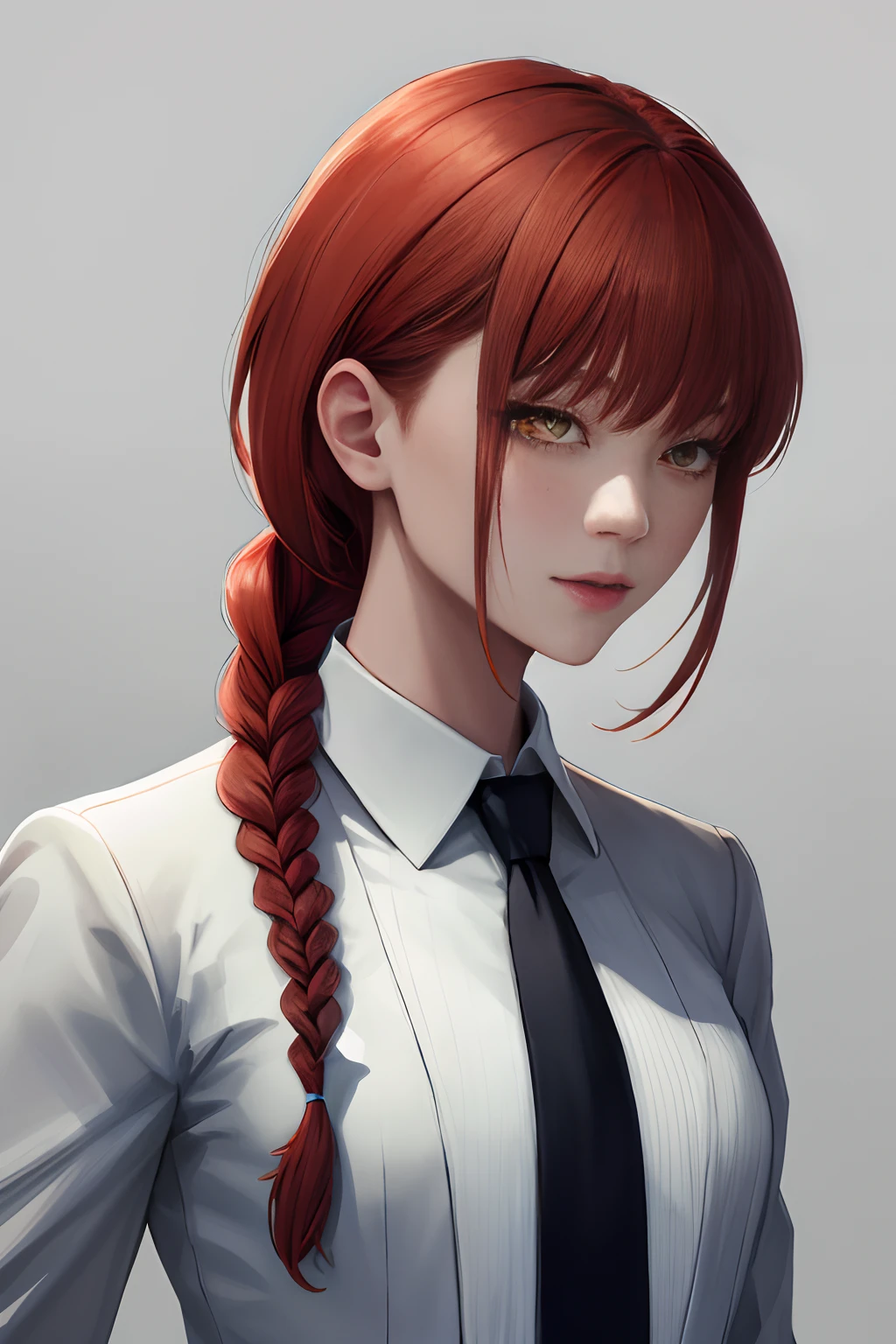 (Highest Quality, Masterpiece, Highlydetailed) , 1girl, Makima, braided ponytail, white suite, white necktie, white gloves, highly detailed character