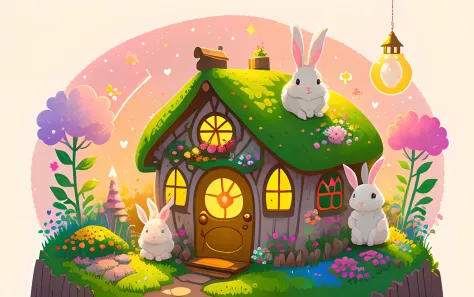 a lonely cute happy rabbit sitting in fairy garden vector art, flowers, sparks, colorful, warm, fairy cottage