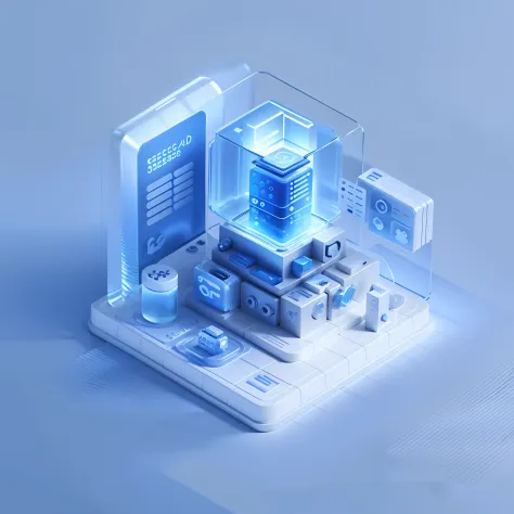 （tmasterpiece，top Quority，Best quality at best），Data service icon，Blue,Frosted glass,Transparent technical sense industry design,white backgrounid，Studio lighting,Isometric 3D