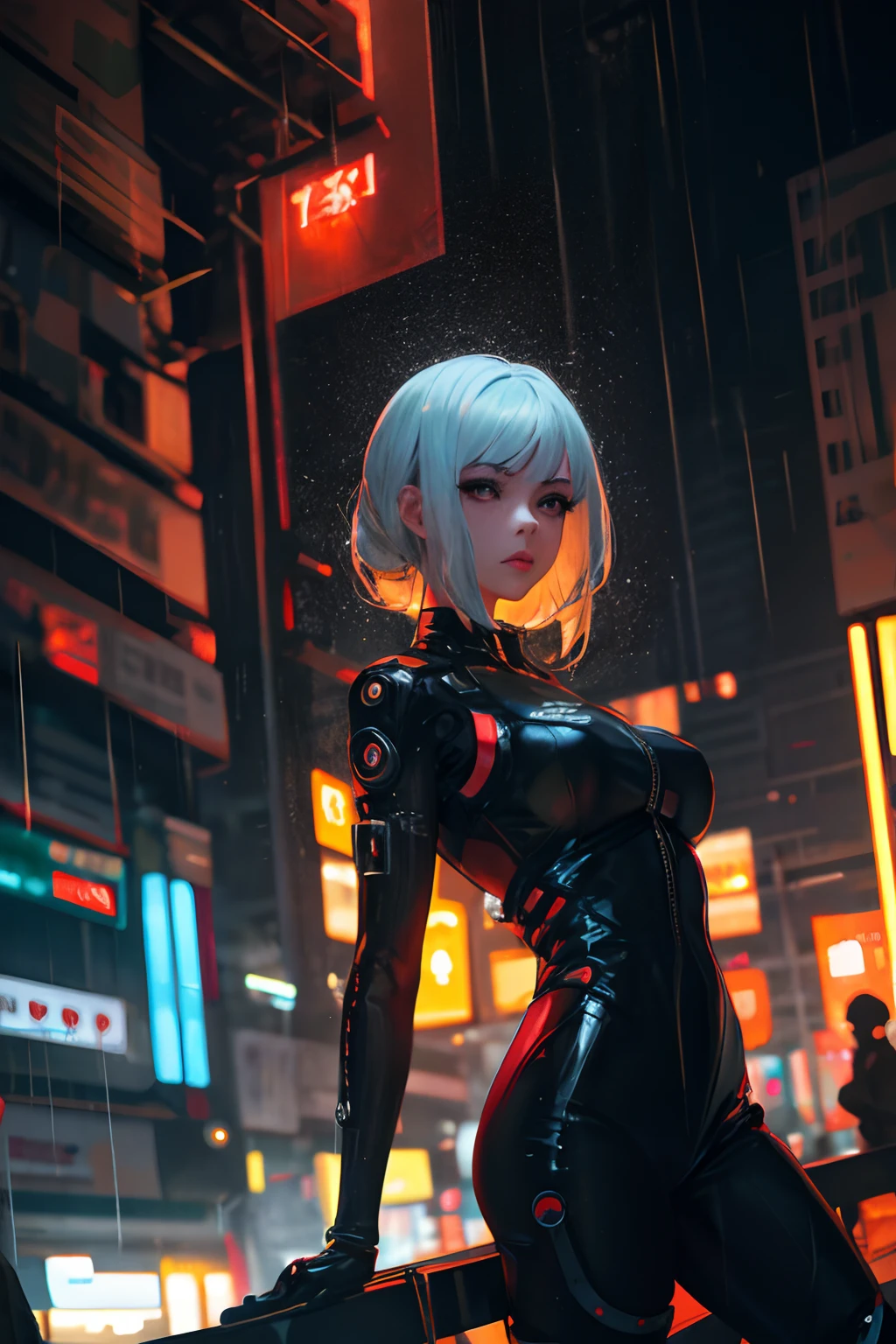 estilo guweiz, 1 chica, Solo, Ropa de estilo futurista., cuerpo completoesbiano, personaje ciber punk，ciudad futurista cyberpunk，luz de neón，Edificios，afofuturism,  tarde lluviosa, El fondo está borroso, profundidad de campo, bokeh, Iluminación de cine, Tema oscuro, Llovió, grano de la película, RTX