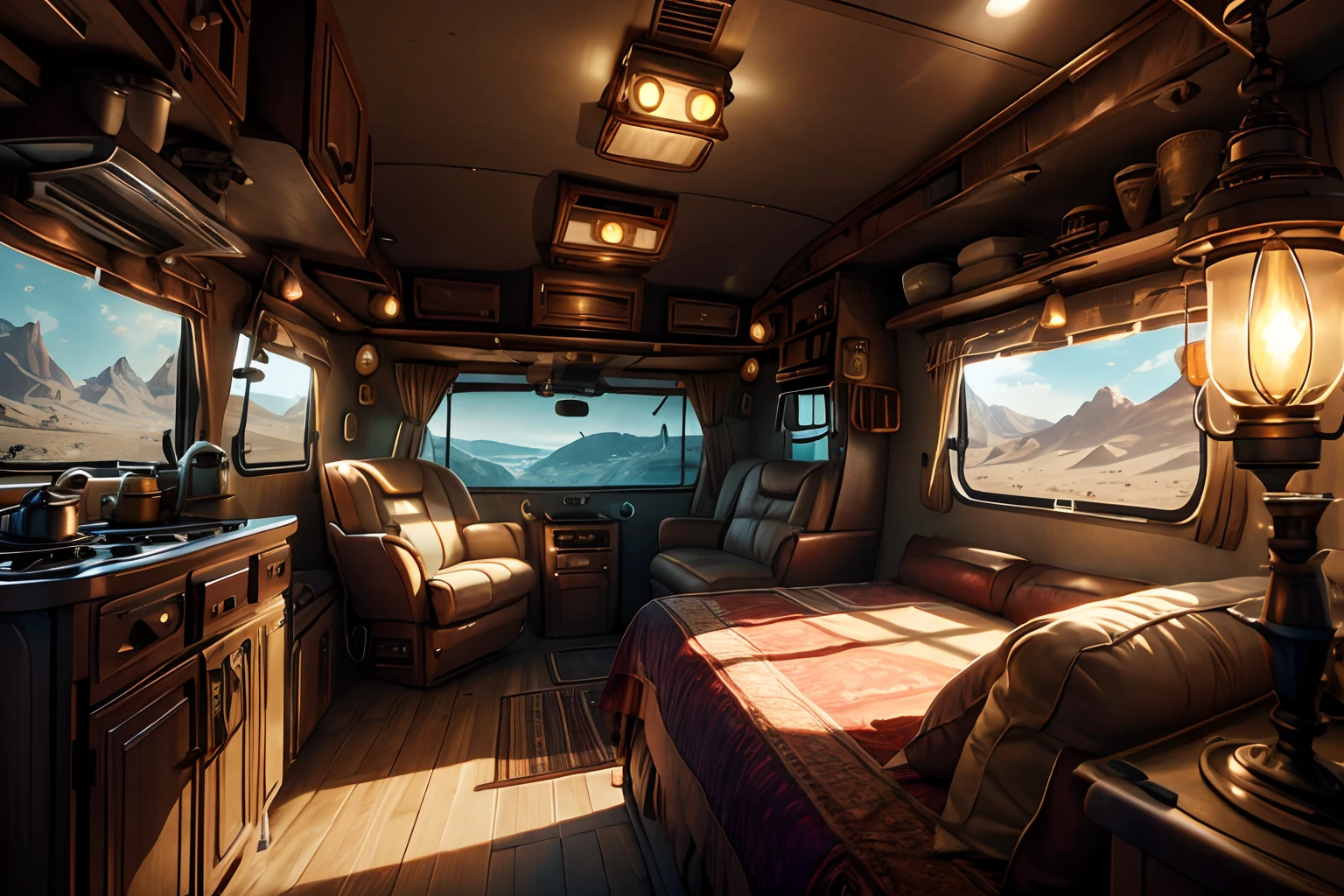 motor home, bed, volumetric lighting, global illumination, best quality, highly detailed, 8K, depth of field, GasLampFantasyAI