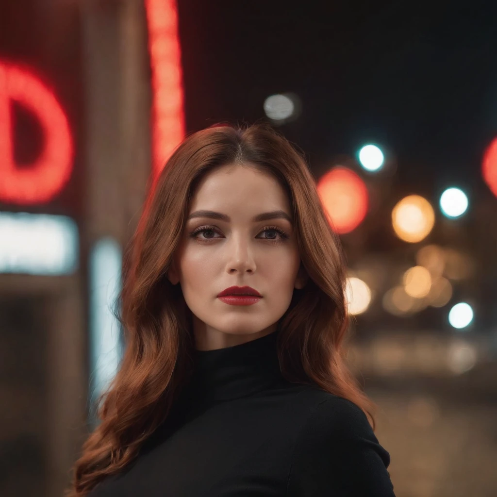 (Best quality,Realistic long)，Full body photo，Woman with hair and gorgeous makeup, 70s style model pose, turtleneck top, red lights, Long shots, high-quality photo，Long shots