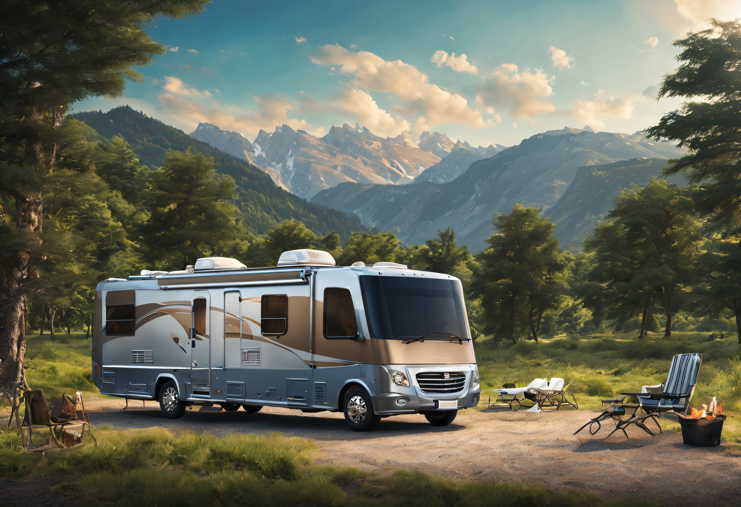 high resolution, masterpiece: 1.2, realistic, ultra-detailed, artistic, 4k, photorealistic, professional, sharp focus, physically based rendering, beautifully composed

Motorhome, luxurious, modern, spacious and comfortable, exterior with elegant design, satellite dish on the roof, large windows, chrome details, wide tires, shiny metallic paint, epic landscape in the background, open road leading to the mountains, the adventure awaits you, family trip, great getaway, quiet camping, roadside jungle, tropical trees, blue sky, lush green grass, barbecue , cover installed outside the RV, chairs and table scattered everywhere ,smoke coming out of the grill, a family gathering, laughing and enjoying the moment,
