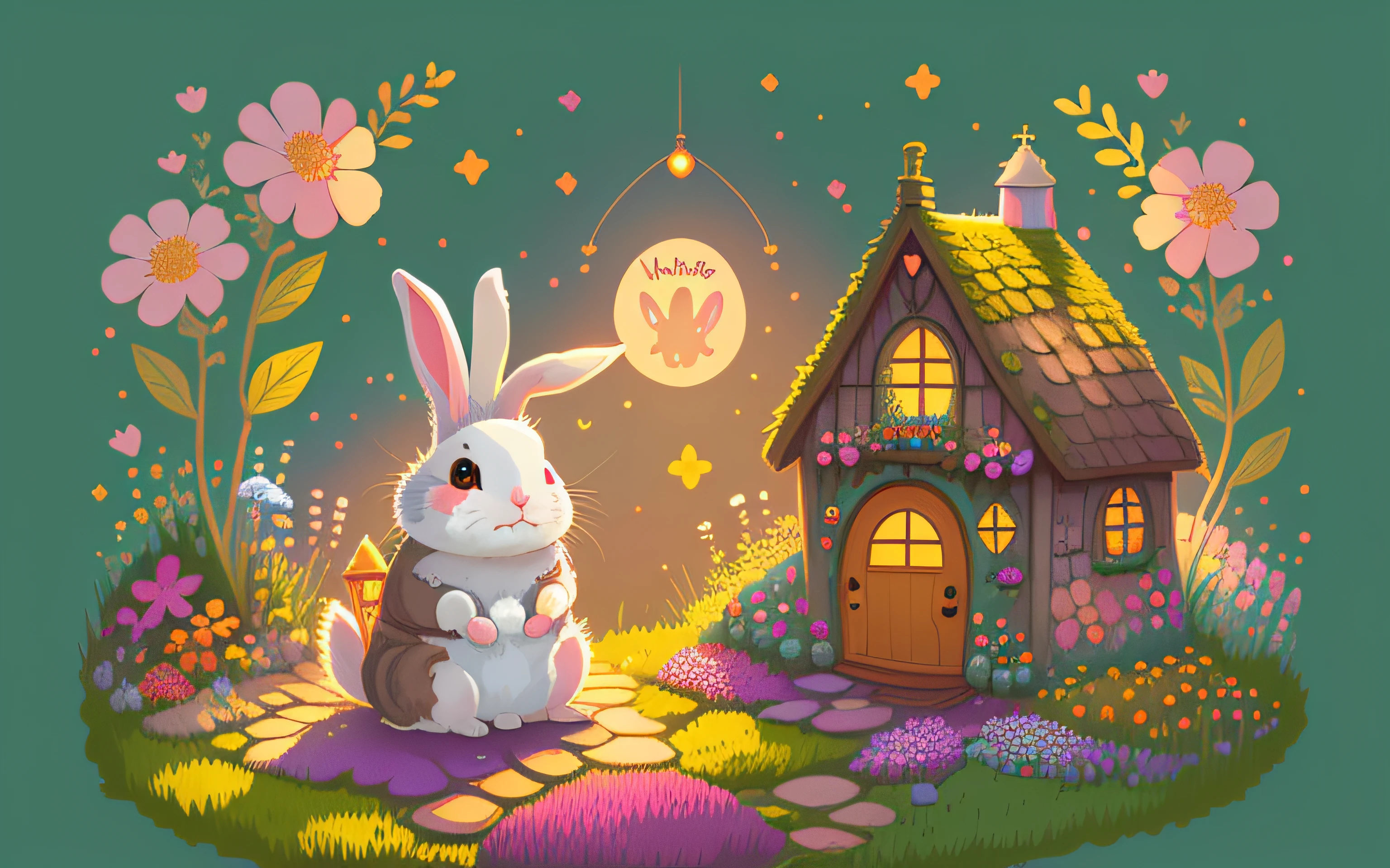 A lonely cute happy rabbit sitting in fairy garden vector art, flowers, sparks, colorful, warm, fairy cottage