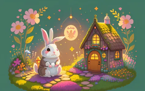 a lonely cute happy rabbit sitting in fairy garden vector art, flowers, sparks, colorful, warm, fairy cottage