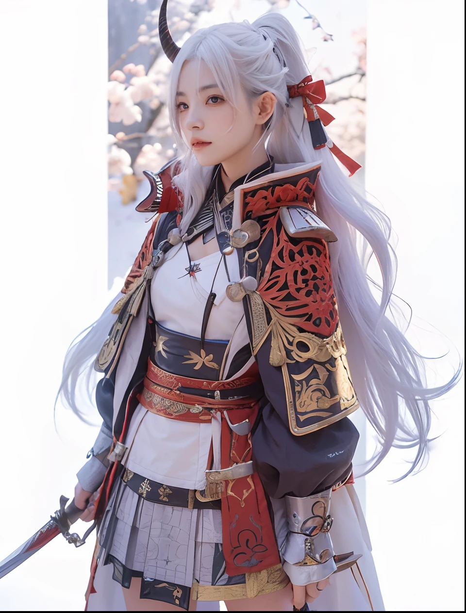 1girl with sword, tomoe gozen, oni horn, long hair, white hair, transparant, realistic, ultra detail, 8k, 70mm lens