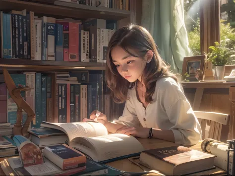 15-year-old girl reading a book, MAC ON DESK,bookshelves , Sunlight outside the window,.